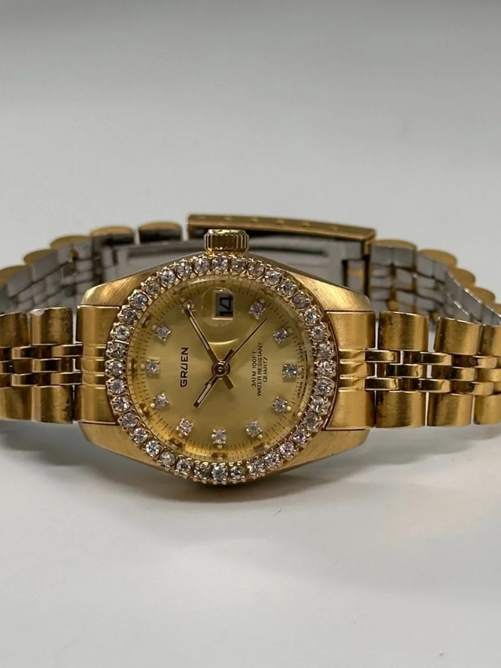 Gruen Watch Women Gold Tone Crystal Bezel Not Working Selling AS IS 7.25